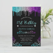 Turquoise Zilver & Paarse Glitters 21e Verjaardag Kaart (Staand voorkant)