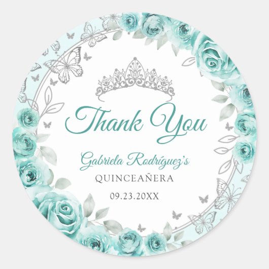 Turquoise Zilver Quinceanera Ronde Sticker (Voorkant)