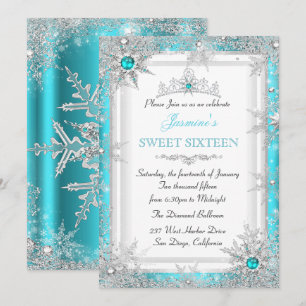 Turquoise Zilver Winter Wonderland Sweet 16 Sneeuw Kaart