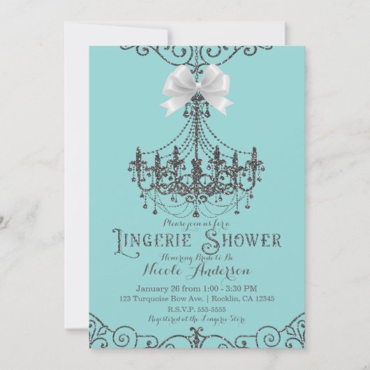 Turquoise & Zilver Witte Strik Ondergoed Douche Kaart (Voorkant)