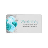 Turquoise Zilveren Bloem Bruiloft Retouradres Etiket (Voorkant)