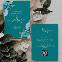 Turquoise Zilveren Bloem QR Code Trouwen Kaart