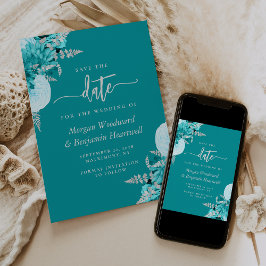 Turquoise Zilveren Bloemen Huwelijk Save the Date Kaart