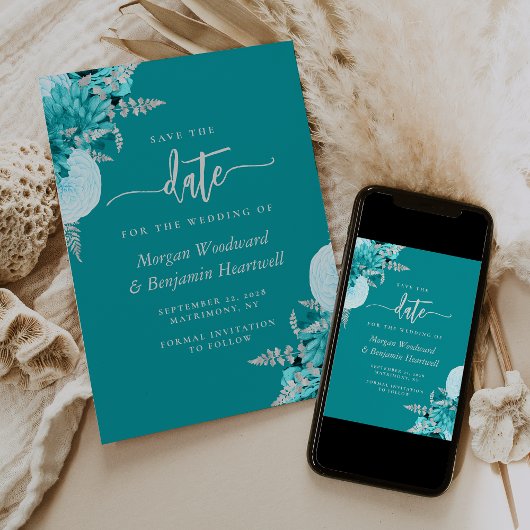 Turquoise Zilveren Bloemen Huwelijk Save the Date Kaart