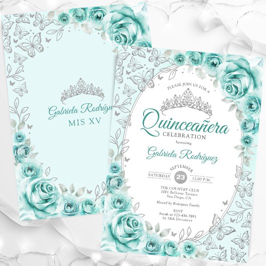 Turquoise Zilveren Bloemen Quinceanera Kaart