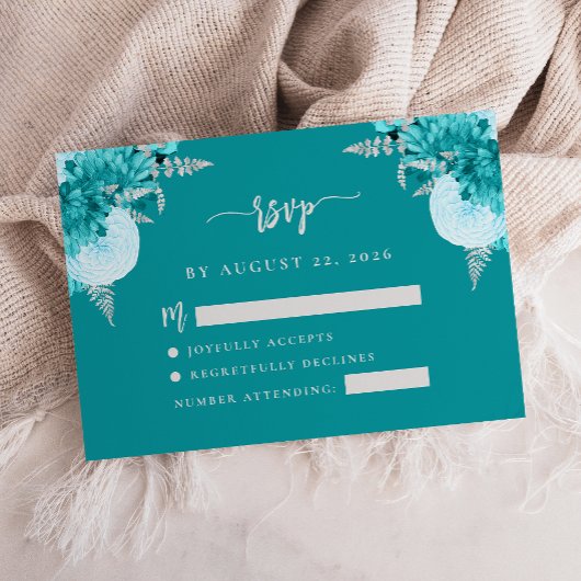 Turquoise Zilveren Bloemen Script Wedding RSVP Enc Informatiekaartje