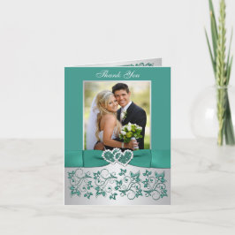 Turquoise, Zilveren Bloemen Trouwfoto Bedankkaart