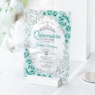 Turquoise Zilveren Bloemige Quinceanera Acryl Uitnodigingen