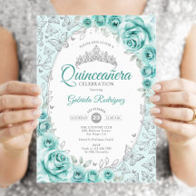 Turquoise Zilveren Bloemige Quinceanera