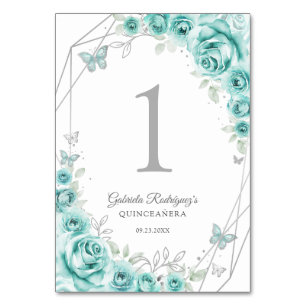 Turquoise Zilveren Bloemige Quinceanera Kaart