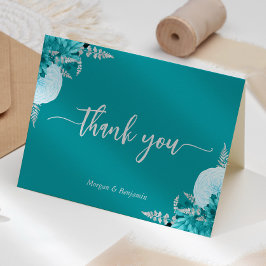 Turquoise Zilveren Bloemrijke Script Bruiloft Bedankkaart