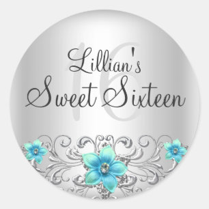Turquoise Zilveren Bloemrijke Werveling Zoete 16 S Ronde Sticker
