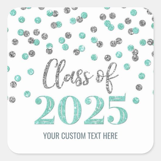 Turquoise zilveren Confetti Afstuderen 2025 Vierkante Sticker (Voorkant)
