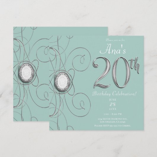 Turquoise Zilveren Diamant 20 20e Verjaardagsfeest Kaart (Voorkant / Achterkant)