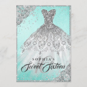 Turquoise Zilveren Diamant Glitter Jurk Sweet Sixt Kaart