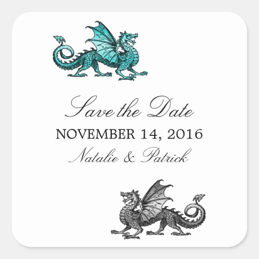 Turquoise Zilveren Draak Save the Date Stickers (Voorkant)