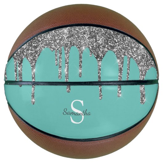 Turquoise Zilveren Glitter Druppels Glans Monogram Basketbal (Voorkant)