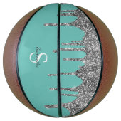Turquoise Zilveren Glitter Druppels Glans Monogram Basketbal (Verticaal)