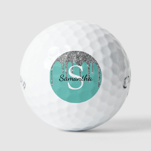 Turquoise Zilveren Glitter Druppels Glans Monogram Golfballen (Voorkant)