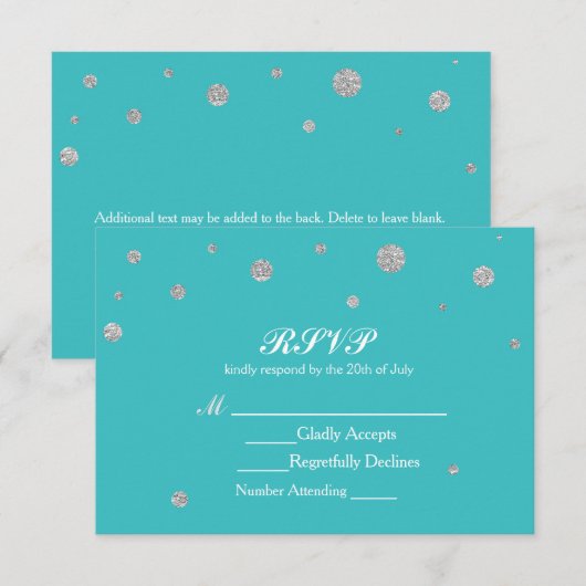 Turquoise & Zilveren Glitter RSVP Bruiloft Kaart (Voorkant / Achterkant)