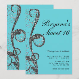 Turquoise Zilveren Glitter Swirl Sweet 16 Verjaard Kaart