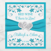Turquoise, Zilveren Liefdesharten Bruiloft Drank Wijn Etiket (Enkel label)