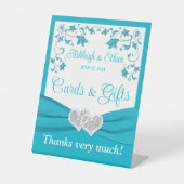 Turquoise, zilveren liefdesharten bruiloft reclamebord met voetstuk (Voorkant)