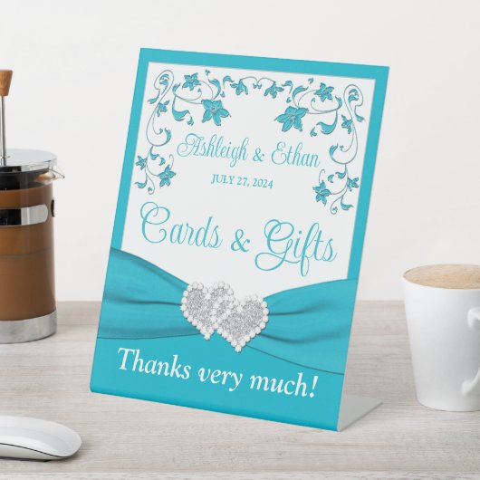 Turquoise, zilveren liefdesharten bruiloft reclamebord met voetstuk (Insitu)