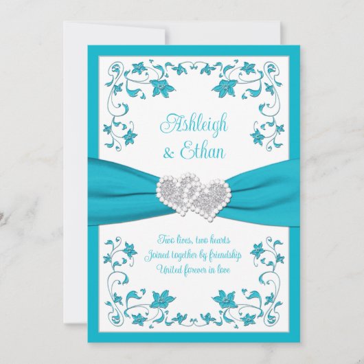 Turquoise, zilveren liefdesharten bruiloft uitnodi kaart (Voorkant)