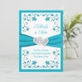 Turquoise, zilveren liefdesharten bruiloft uitnodi kaart (Staand voorkant)