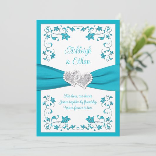 Turquoise, zilveren liefdesharten bruiloft uitnodi kaart (Staand voorkant)