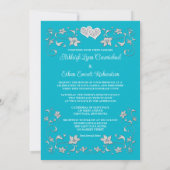 Turquoise, zilveren liefdesharten bruiloft uitnodi kaart (Achterkant)