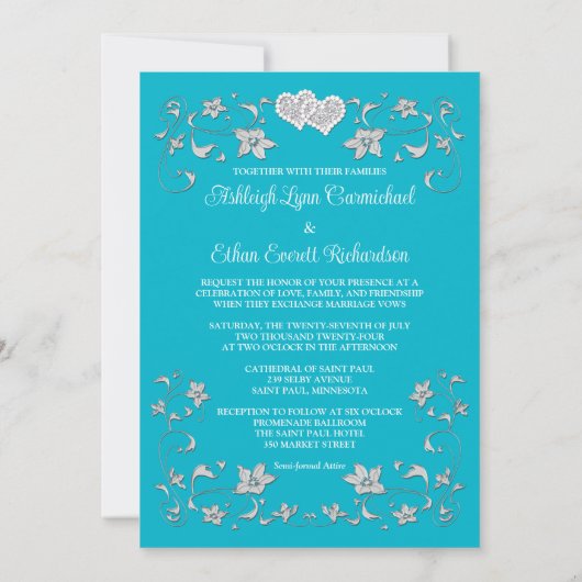 Turquoise, zilveren liefdesharten bruiloft uitnodi kaart (Achterkant)