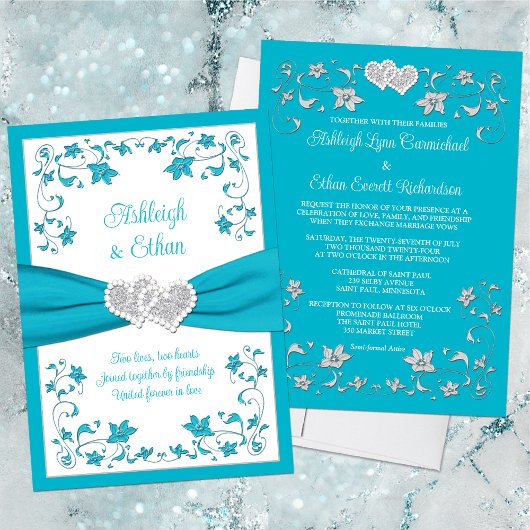 Turquoise, zilveren liefdesharten bruiloft uitnodi kaart