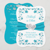 Turquoise, zilveren liefdesharten bruiloft uitnodi kaart (Voorkant / Achterkant)