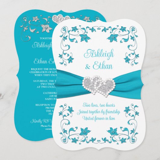 Turquoise, zilveren liefdesharten bruiloft uitnodi kaart (Voorkant / Achterkant)