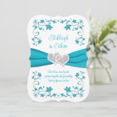 Turquoise, zilveren liefdesharten bruiloft uitnodi kaart (Staand voorkant)