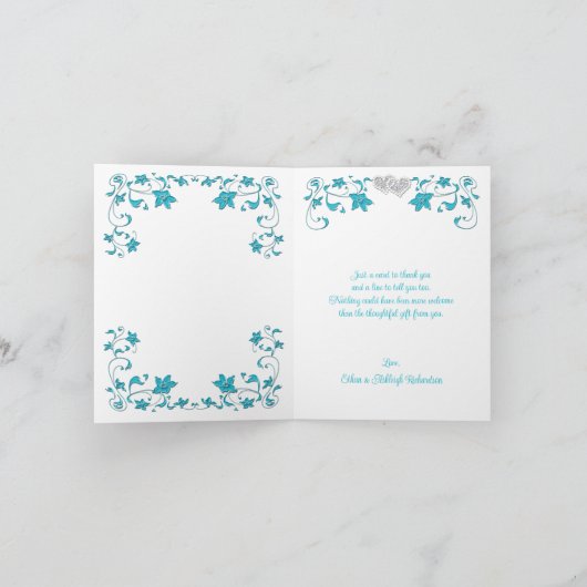 Turquoise, zilveren liefdesharten dank je kaart (Binnen)