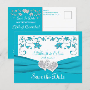 Turquoise, Zilveren Liefdesharten Save the Date Briefkaart
