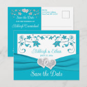 Turquoise, Zilveren Liefdesharten Save the Date Briefkaart (Voorkant / Achterkant)
