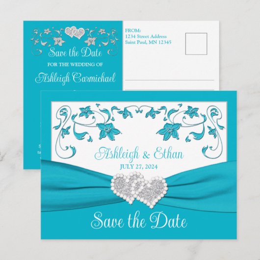 Turquoise, Zilveren Liefdesharten Save the Date Briefkaart (Voorkant / Achterkant)