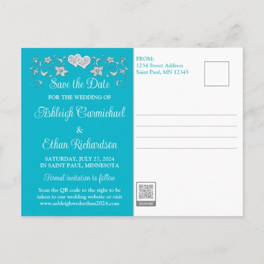Turquoise, Zilveren Liefdesharten Save the Date Briefkaart (Achterkant)