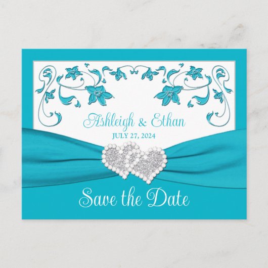 Turquoise, Zilveren Liefdesharten Save the Date Briefkaart (Voorkant)