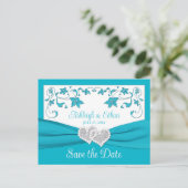 Turquoise, Zilveren Liefdesharten Save the Date Briefkaart (Staand voorkant)