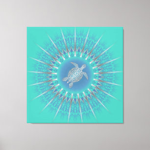 Turquoise Zilveren Schildpad Mandala Kust Canvas Afdruk