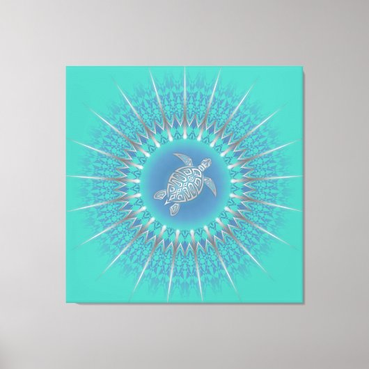 Turquoise Zilveren Schildpad Mandala Kust Canvas Afdruk (Voorkant)