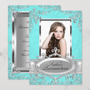 Turquoise Zilveren Vintage Glamour Foto Quinceaner Kaart