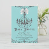 Turquoise & Zilveren Witte Bow Chic Baby shower Kaart (Staand voorkant)