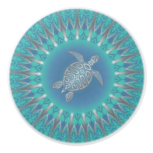 Turquoise zilveren Zeeen schildpad | nautisch kabi Keramische Knop (Voorkant)