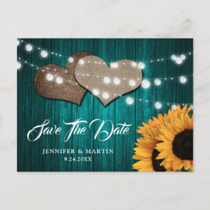 Turquoise Zonnebloem Houten Lichten Jute Harten Br Briefkaart